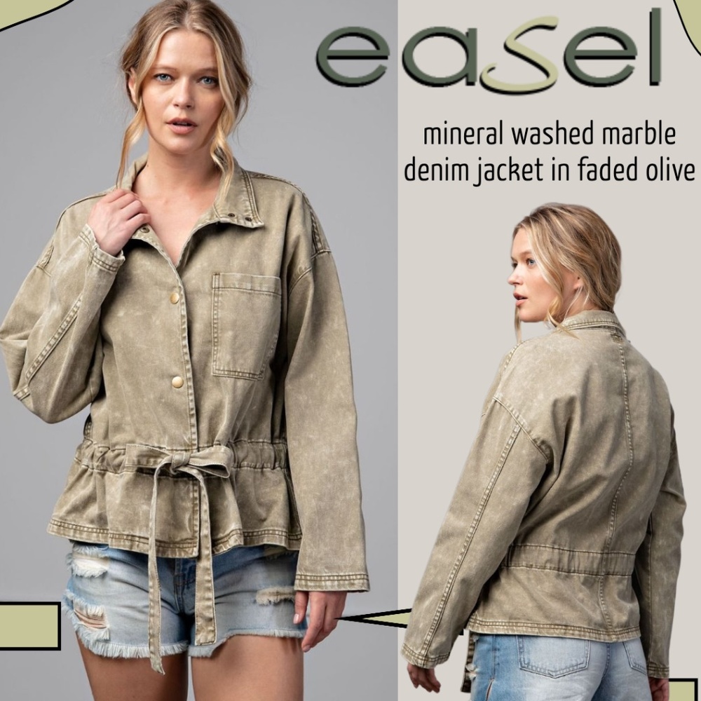 EASELLoose Fit Snap Front Lux Denim Jacket Drawstring Tie Waist